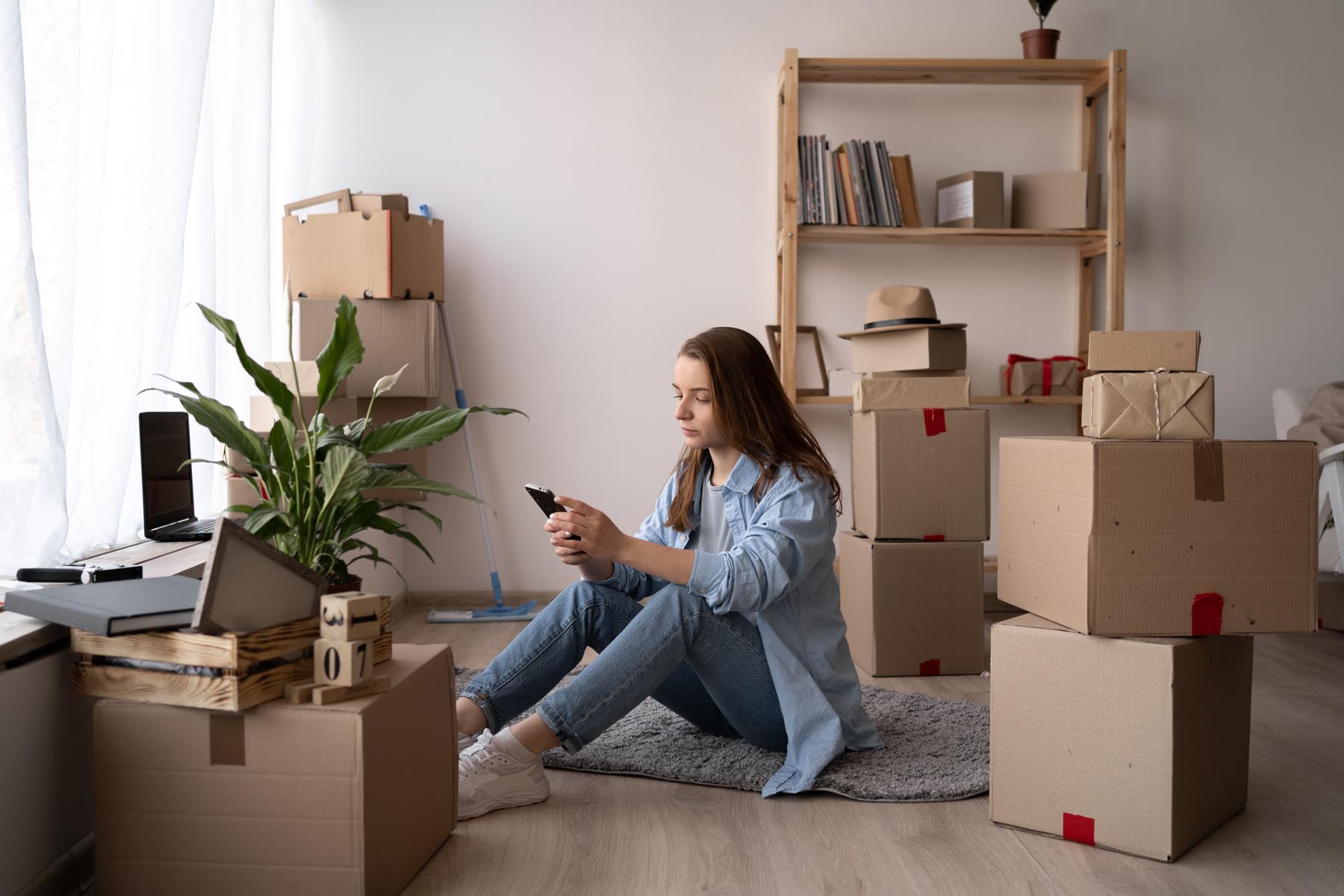 young woman is moving, sitting among cardboard boxes, using a smartphone and smiling, communicate via smartphone after moving to dorm