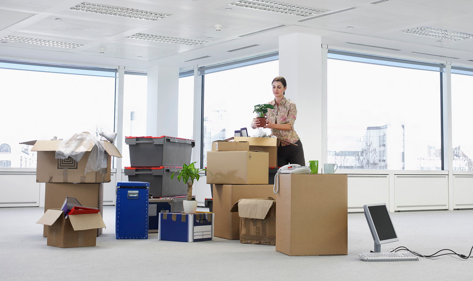 Young businesswoman holding potted plant near cartons and equipment in empty office space