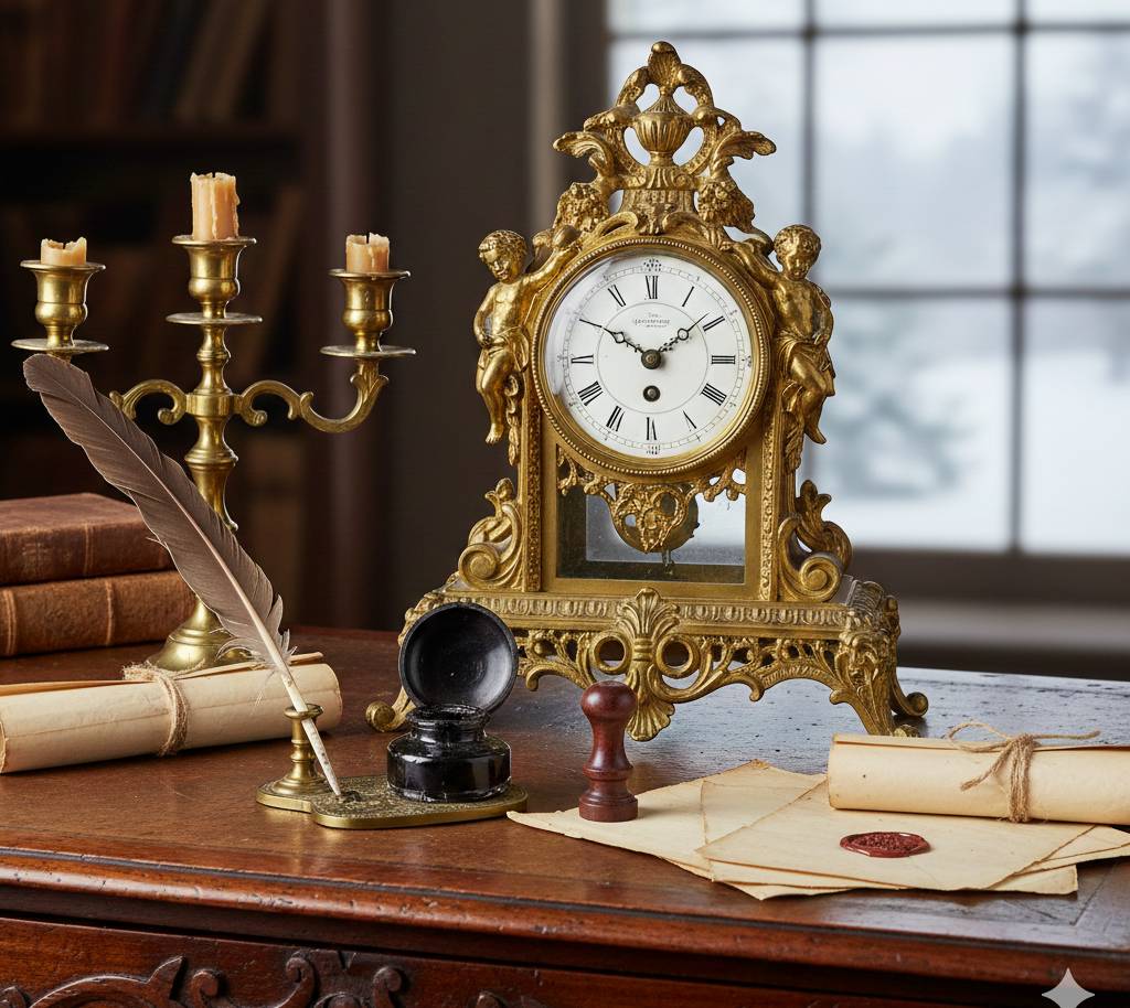 Antique clock on antique desk