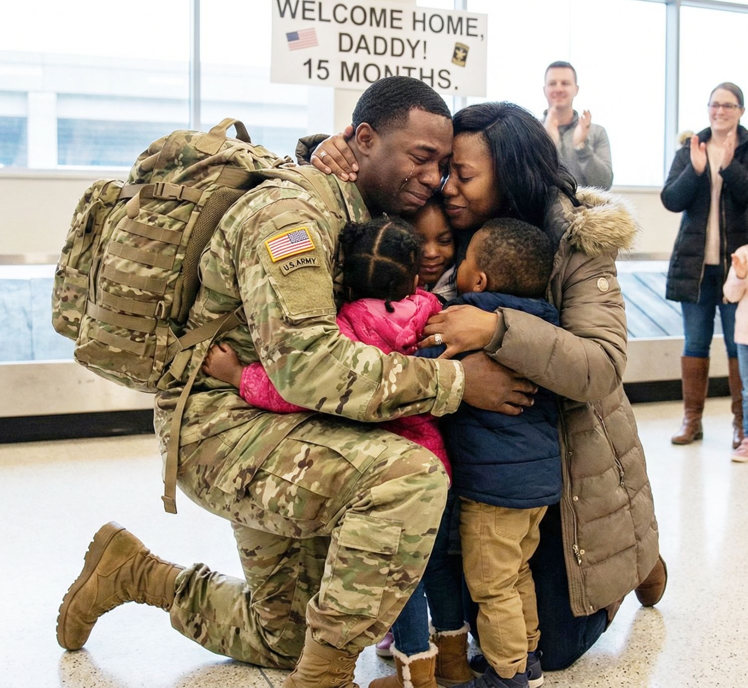 A soldier reunites with his family at an airport