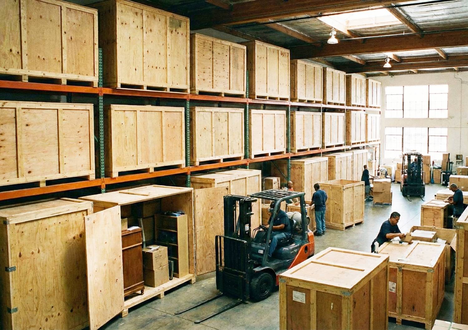 Crates stacked in a warehouse